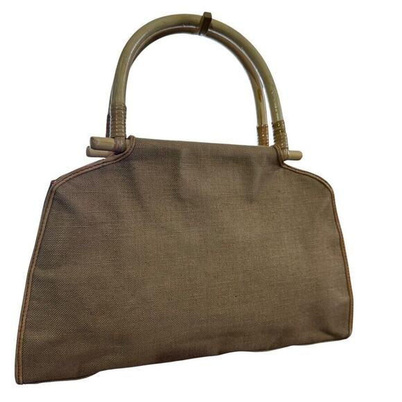 Fossil Vintage Wooden Handle Canvas Handbag Satchel Boho Purse Tan Brown Bag - Picture 1 of 14